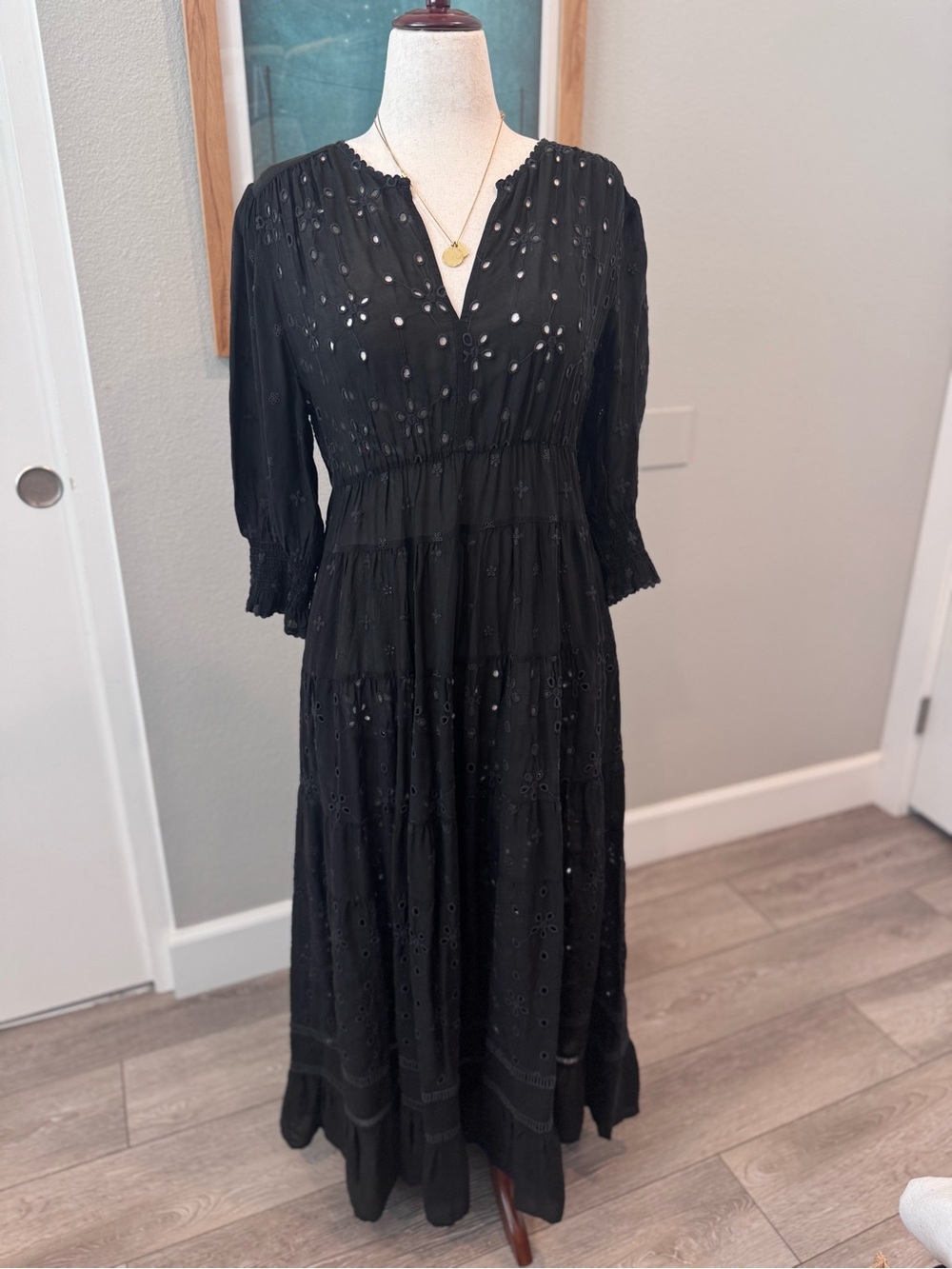 Johnny Was New With Tags Black Embroidered Maxi Daphne Eyelet Dress Medium - Picture 5 of 9